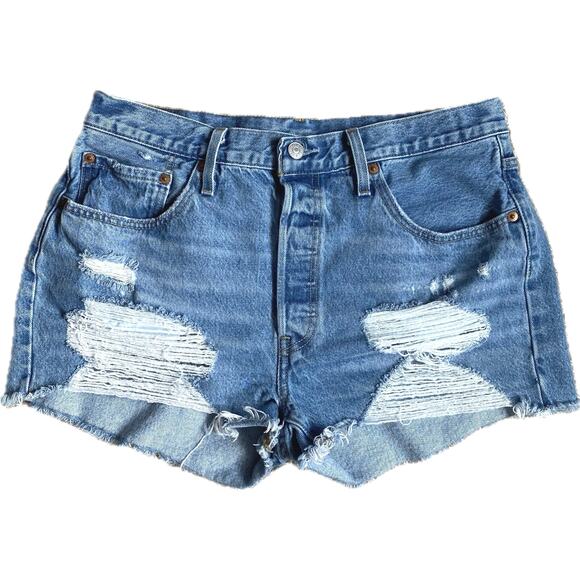 LEVI'S 501 High Rise Cut Off Denim Shorts Size 32 Quiet Riot Button Fly Festival - Picture 4 of 9